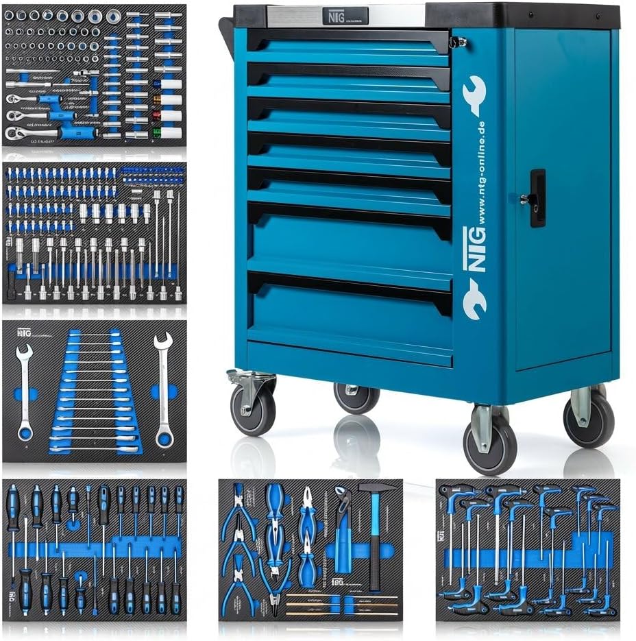 NTG Chariot à outils + outils + 7 tiroirs, 252 pièces, verrouillable, dont 6 avec outils, avec inserts souples en aspect carbone, tiroirs remplis, servante d'atelier, boîte à outils
