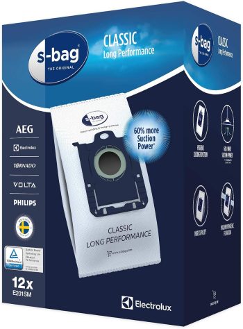 Electrolux E201SM Sac Aspirateur S-Bag Classic Long Performance, Boite de 12 Sacs, Optimise Le Flux d'air avec Le matériau synthétique résistant du Sac, Adapté à de Nombreux Types d'aspirateurs