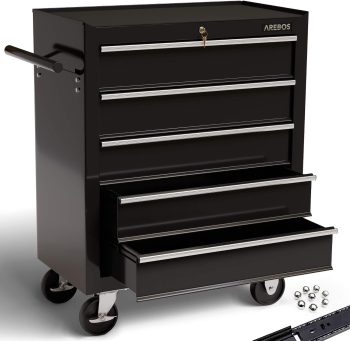 AREBOS Servante d’Atelier Servante Caisse à Outils | 5 Tiroirs |73P x 67l x 38H| Noir | Tiroirs pouvant être verrouillés | Résistante aux Rayures