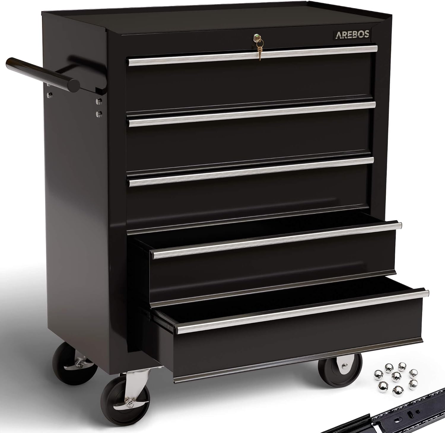 AREBOS Servante d’Atelier Servante Caisse à Outils | 5 Tiroirs |73P x 67l x 38H| Noir | Tiroirs pouvant être verrouillés | Résistante aux Rayures
