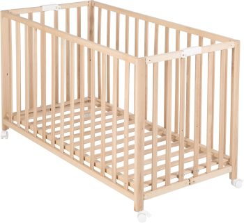 roba Lit Bébé Pliant en Hêtre "Fold Up" 60x120 cm - avec Roulettes à Freins - Naturel
