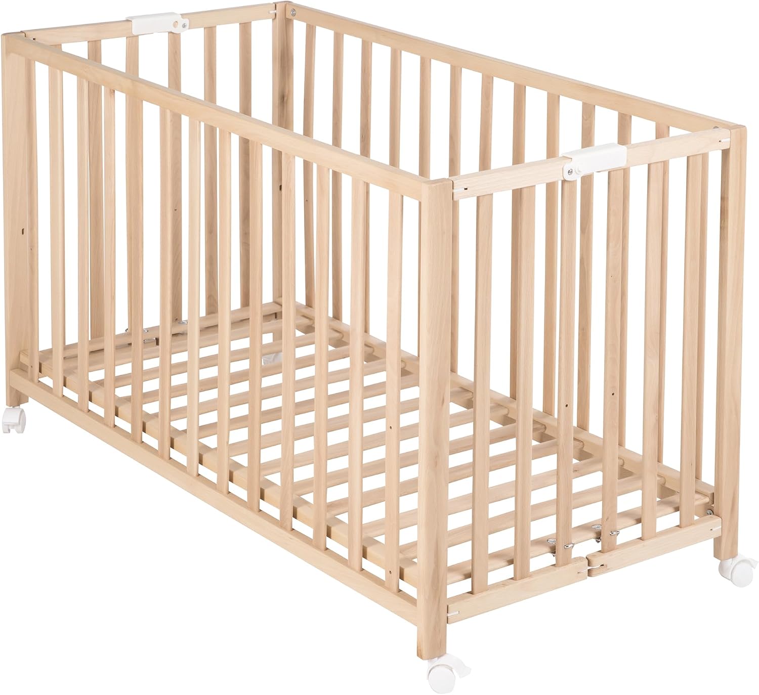 roba Lit Bébé Pliant en Hêtre "Fold Up" 60x120 cm - avec Roulettes à Freins - Naturel