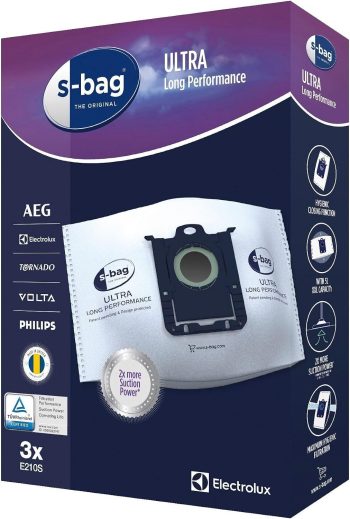 Electrolux, Boite de 3 Sacs d'Aspirateurs, S-Bag Ultra Long Performance, Excellente Filtration, Fermeture Automatique Hygiénique, 5L, E210S [Classe énergétique B]