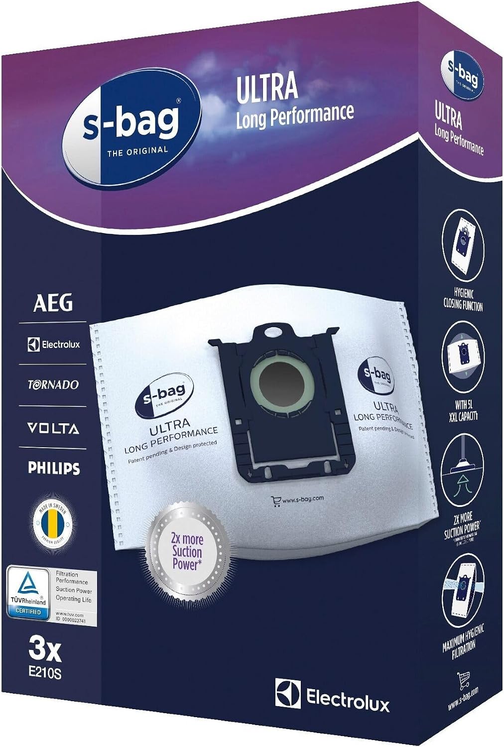 Electrolux, Boite de 3 Sacs d'Aspirateurs, S-Bag Ultra Long Performance, Excellente Filtration, Fermeture Automatique Hygiénique, 5L, E210S [Classe énergétique B]