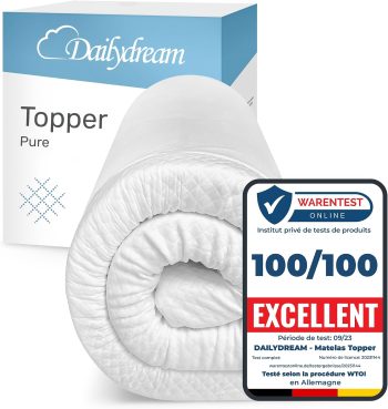 Surmatelas Dailydream 90 x 190 cm | Mousse à mémoire de Forme | 5 cm d'épaisseur | Édition Pure, modèle M | Ergonomique pour Matelas inconfortables, sommiers tapissiers et Lits d'appoint
