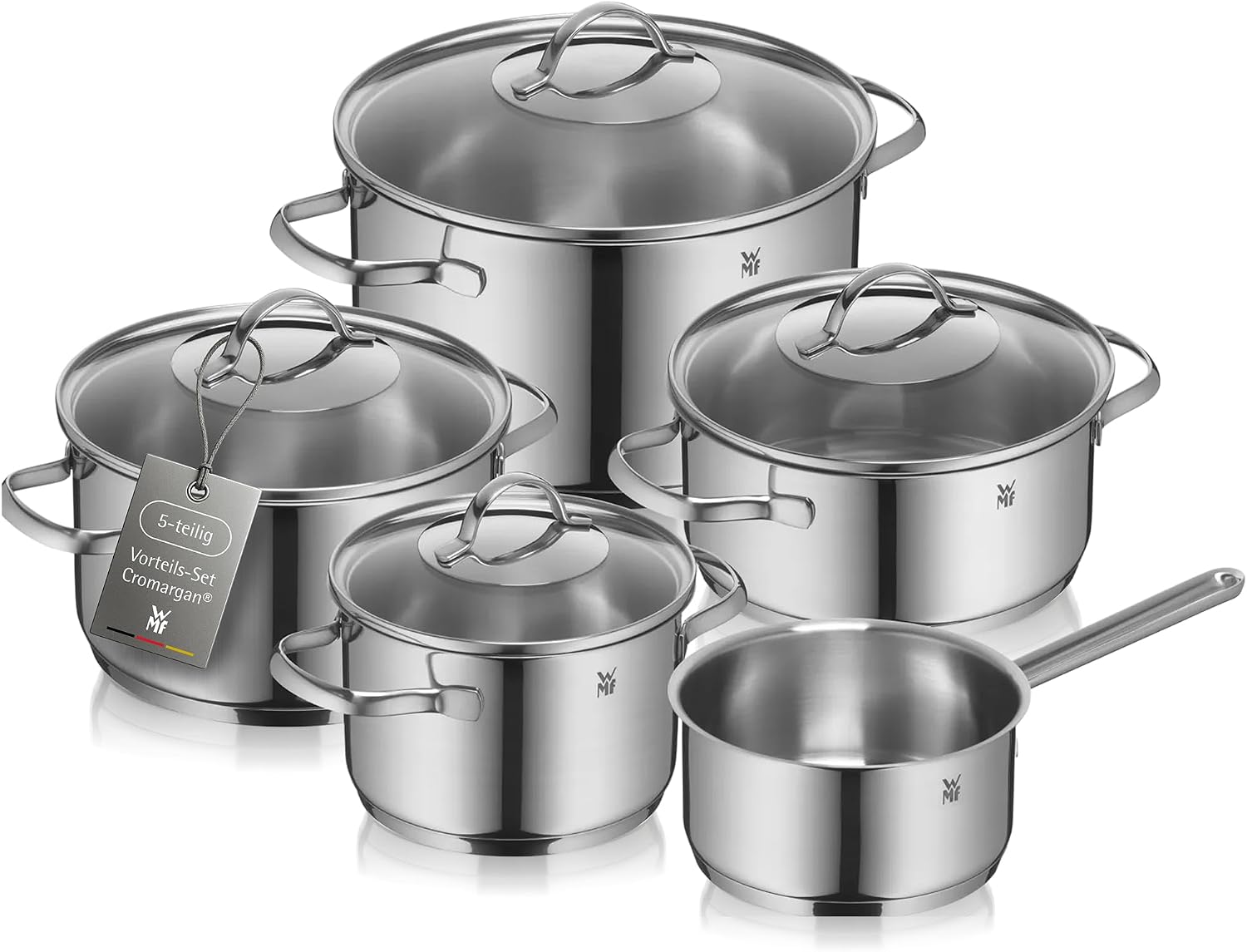 WMF Provence Plus Topfset 5-teilig für Induktion und alle Herdarten, Töpfe aus Cromargan Edelstahl mit Glasdeckel, breitem Schüttrand, spülmaschinenfest, unbeschichtet, Kochtopfset für gesundes Kochen