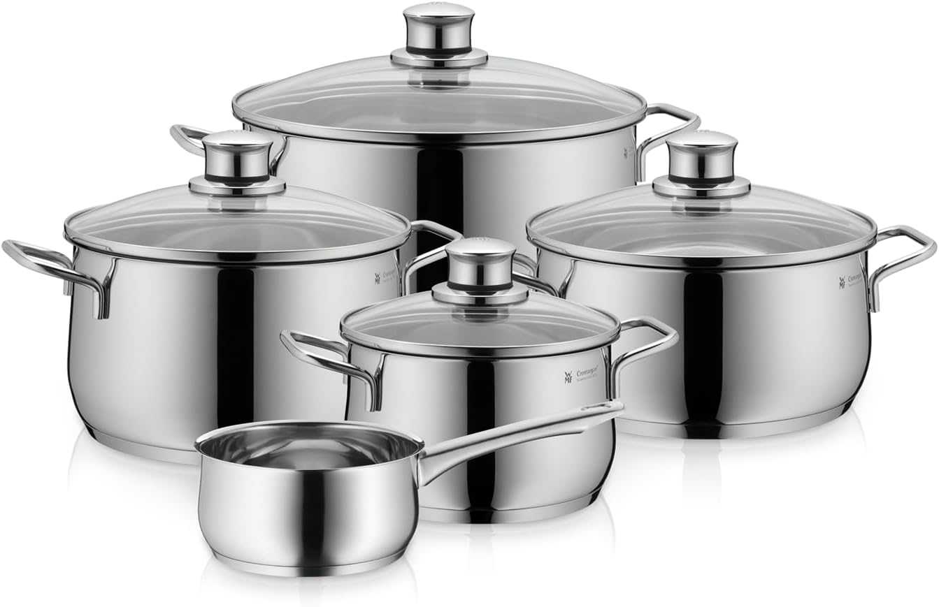 WMF Diadem Plus Topfset Induktion 5-teilig, Kochtopf Set mit Glasdeckel, Cromargan Edelstahl poliert, Induktions Töpfe Set unbeschichtet