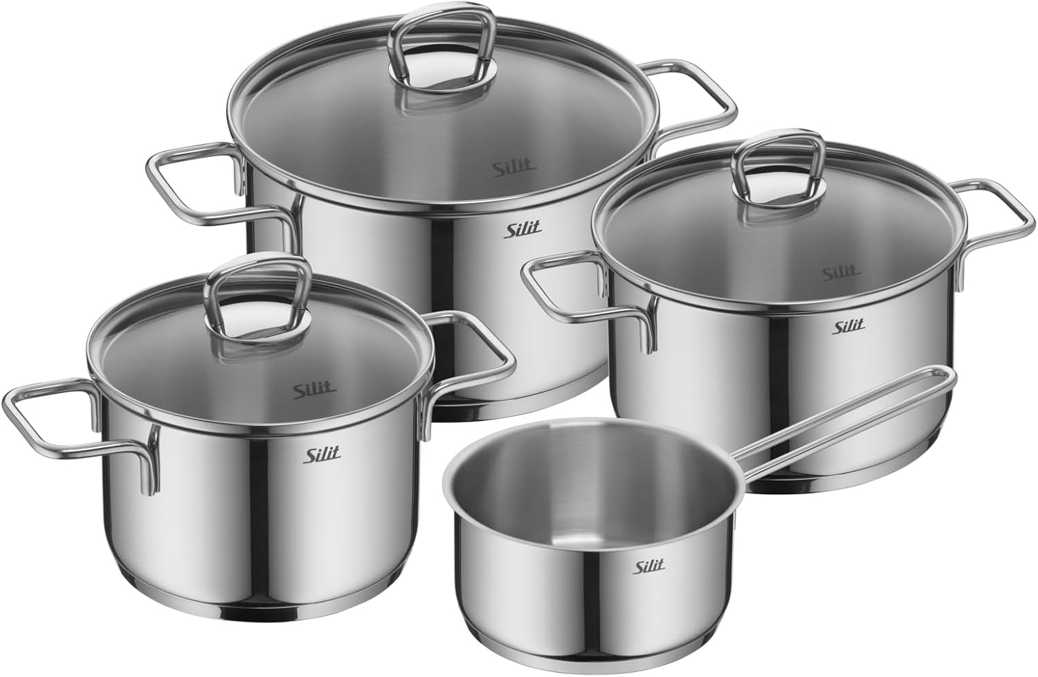 Silit Alicante Topfset Induktion 4-teilig, Kochtopf Set mit Glasdeckel, Edelstahl poliert, Induktions Töpfe Set unbeschichtet