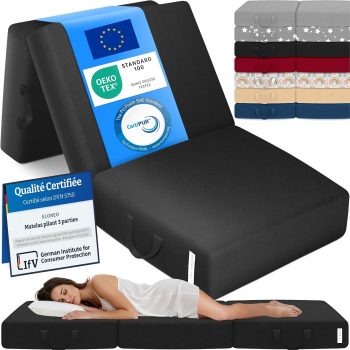 ELONEO Matelas Pliant, Matelas d'Appoint Pliable en 3 Parties, Mousse Extra Épaisse (15 cm), Lavable, Cube Intervertébral, Matelas Pliable, pour Adulte, 1 Personne (Noir, 75 x 195 x 15 cm)