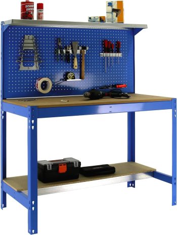 SimonRack Etabli d’Atelier, Capacité de Charge 400 kg, 1445x910x610 mm, Panneau Perforé avec 1 Étagère, Table de Travail Bricolage, Bleu/Bois - BT3