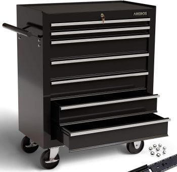 AREBOS Chariot d'atelier | Chariot à Outils | 7 Tiroirs | Verrouillable | 4 roulettes | Tapis antidérapants | Noir | 70 x 33 x 78 cm