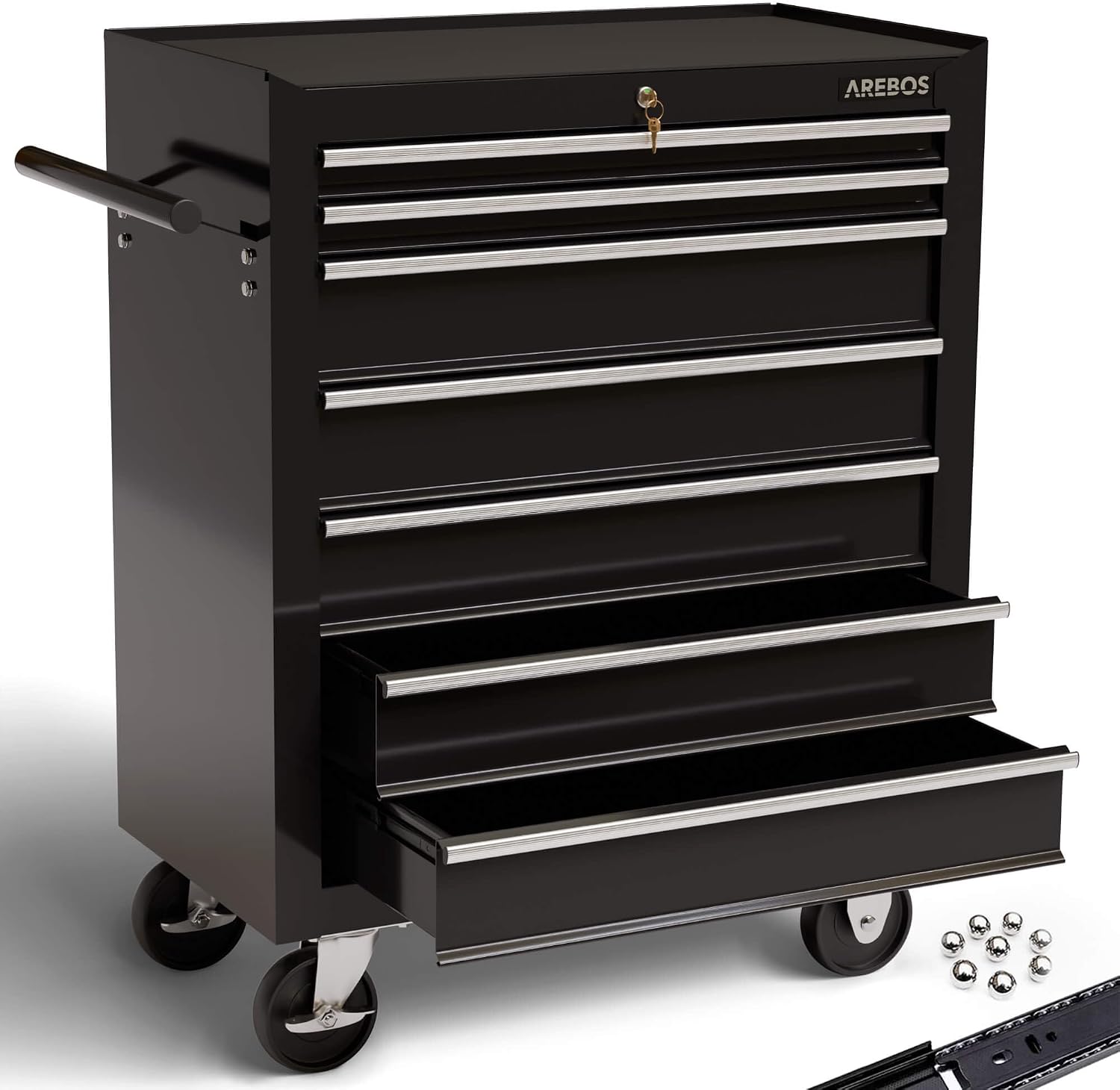 AREBOS Chariot d'atelier | Chariot à Outils | 7 Tiroirs | Verrouillable | 4 roulettes | Tapis antidérapants | Noir | 70 x 33 x 78 cm
